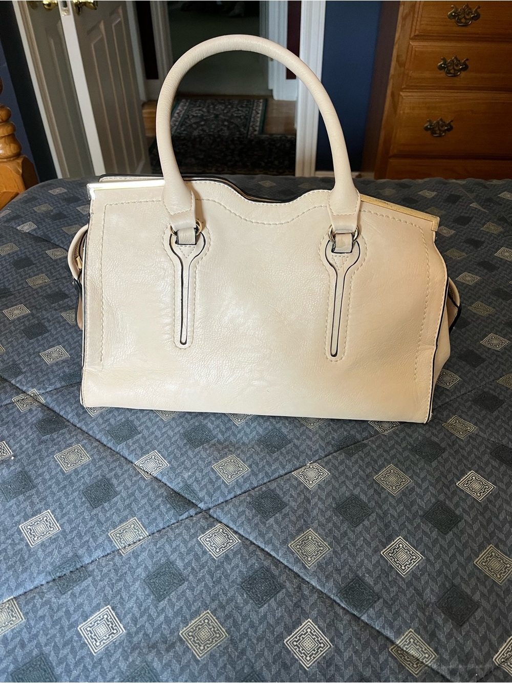Cream Leather Top-Handle Satchel Bag